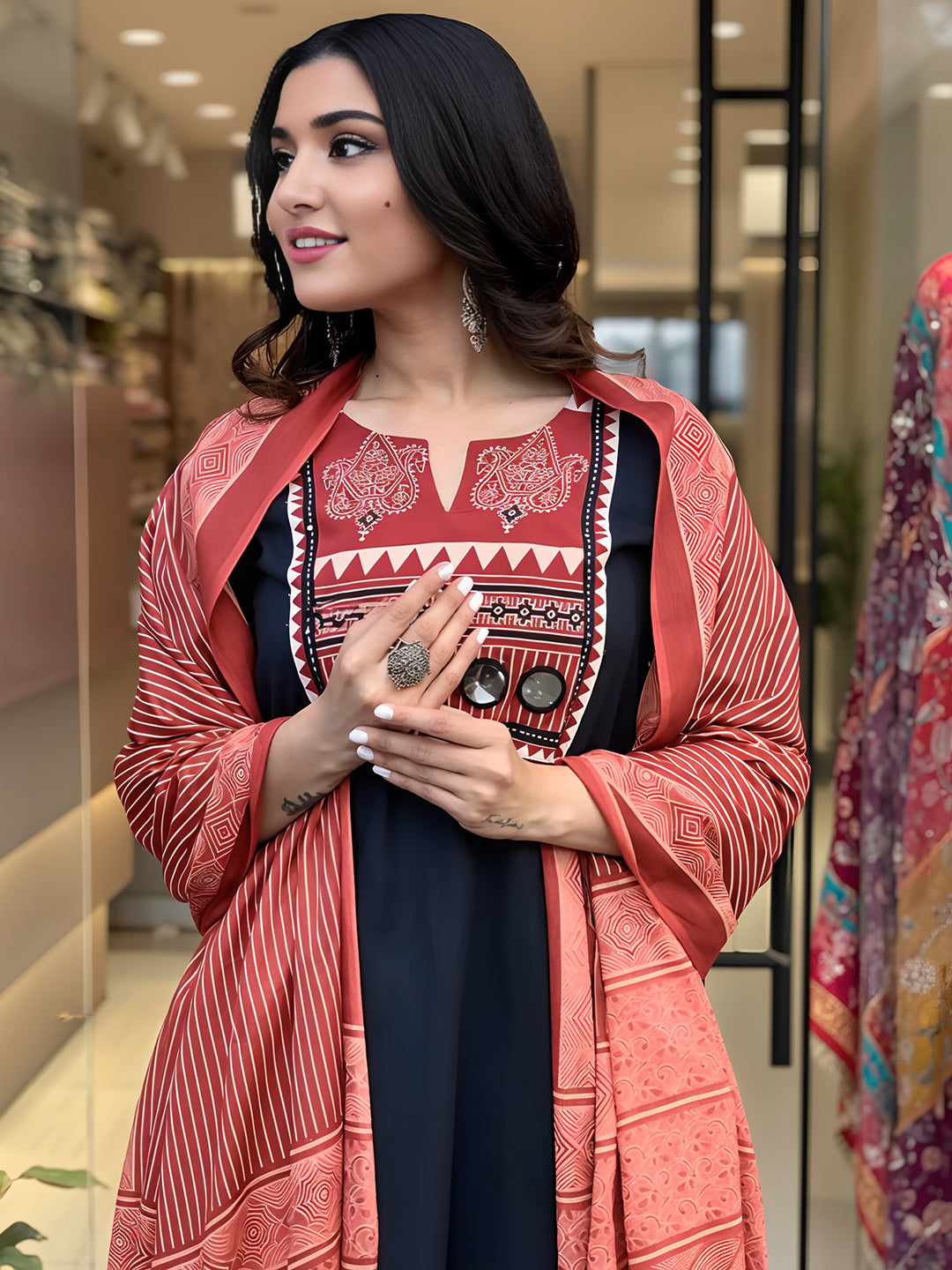 Ethnic Motifs Real Mirror Work Kurta With Bottom & Dupatta Set