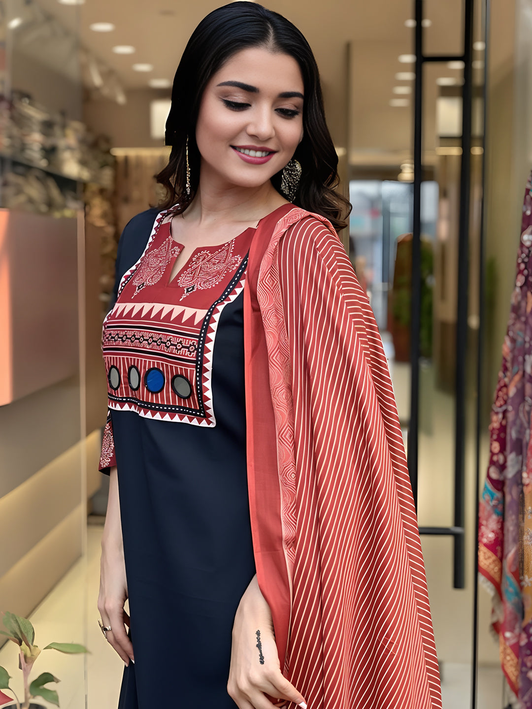 Ethnic Motifs Real Mirror Work Kurta With Bottom & Dupatta Set