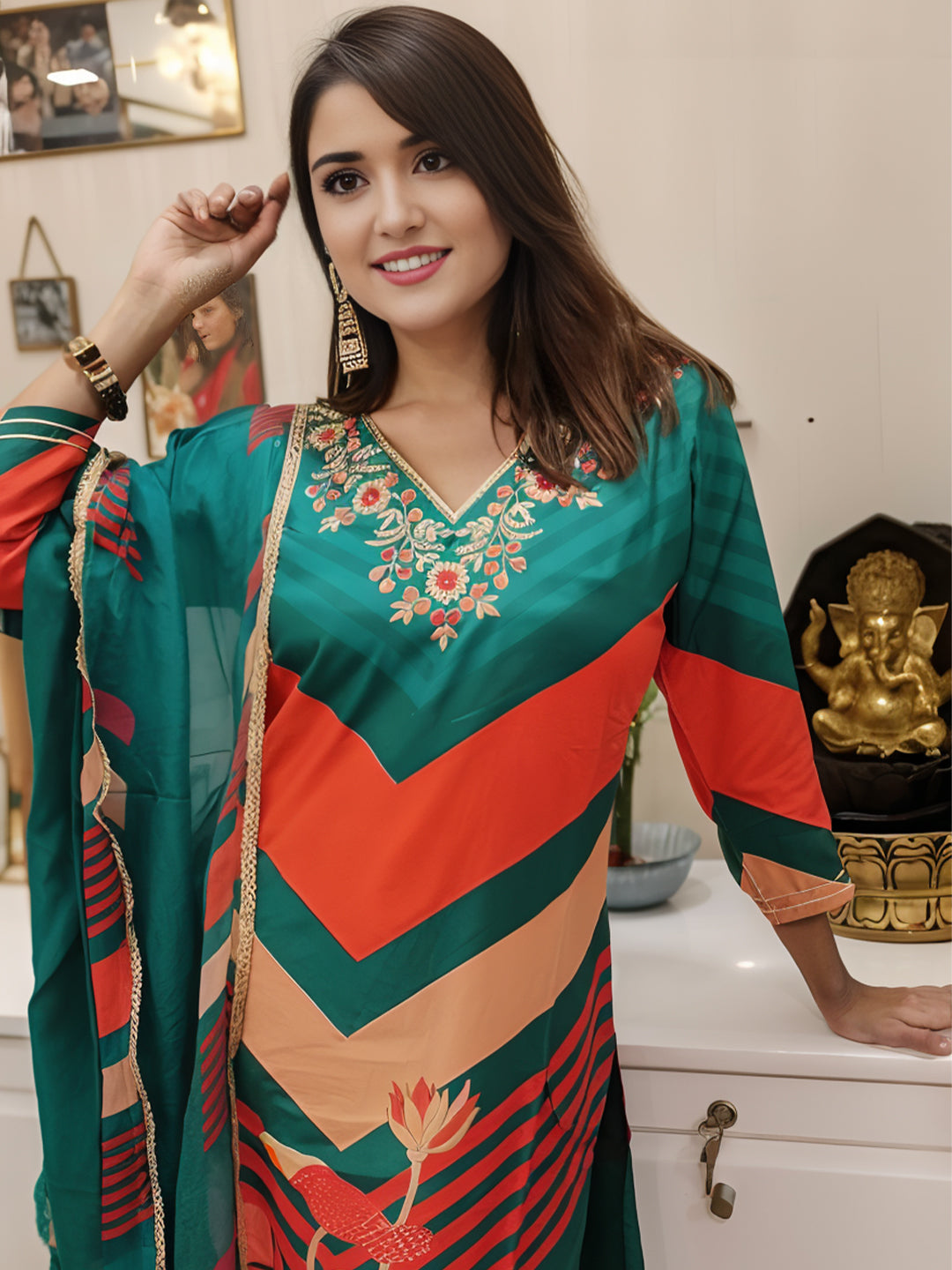 Chinon V-Neck Kurta With Bottom & Dupatta Set