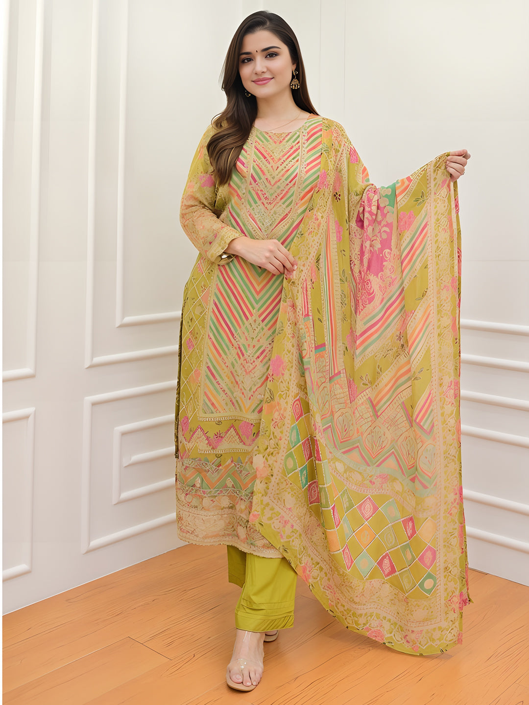 Lime Green Colour Muslin Kurta With Bottom & Dupatta Set