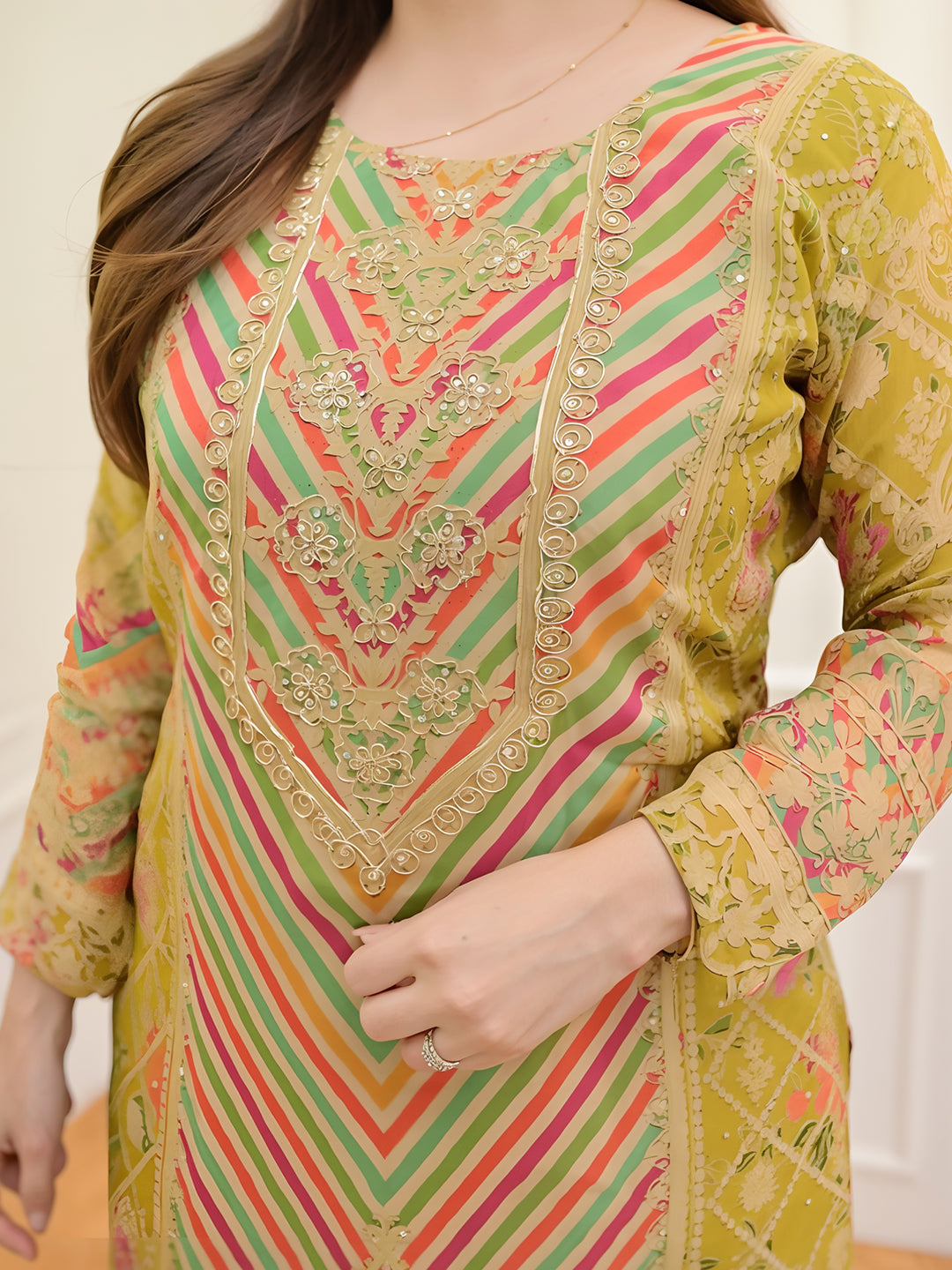 Lime Green Colour Muslin Kurta With Bottom & Dupatta Set