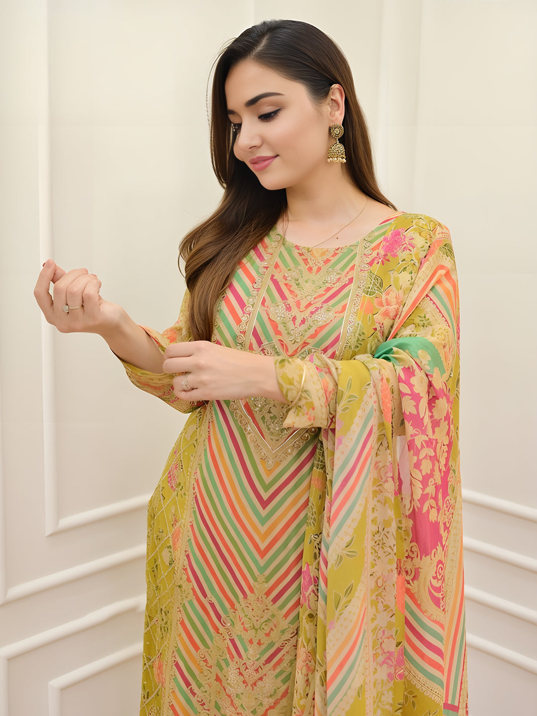 Lime Green Colour Muslin Kurta With Bottom & Dupatta Set