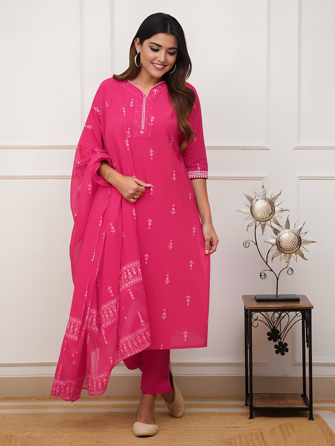 Pink Colour Pure Cotton printed Kurta With Bottom & Dupatta Set