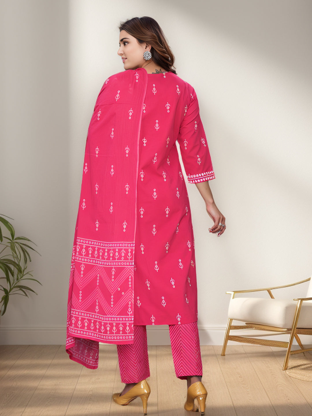 Pink Colour Pure Cotton printed Kurta With Bottom & Dupatta Set