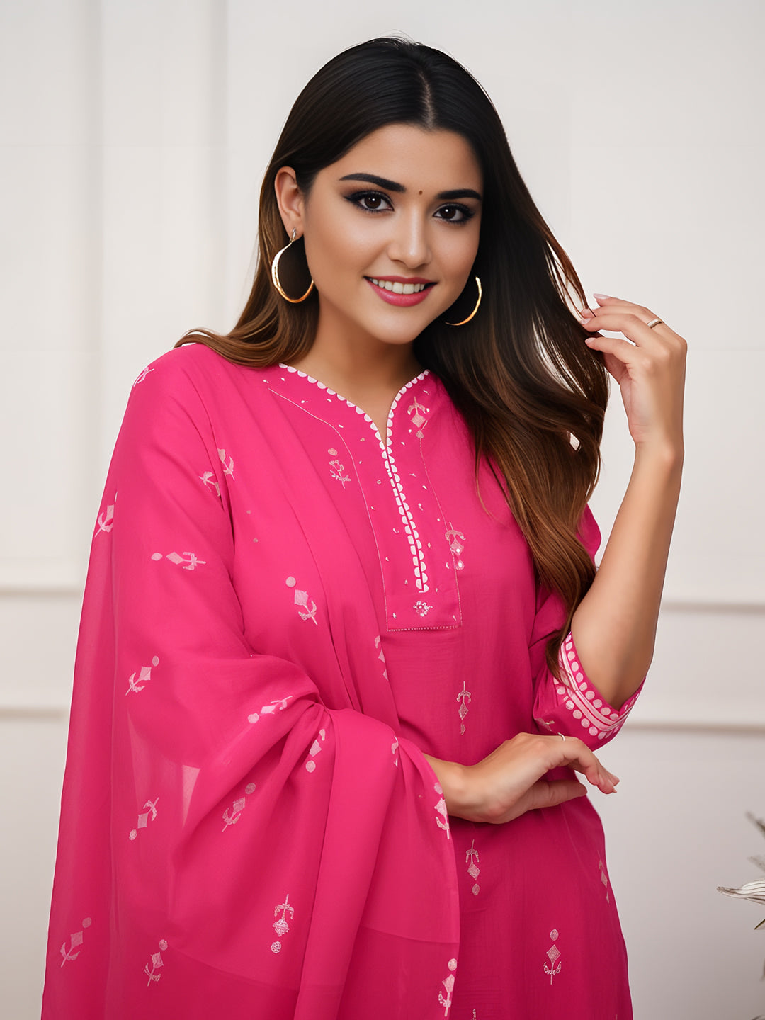 Pink Colour Pure Cotton printed Kurta With Bottom & Dupatta Set