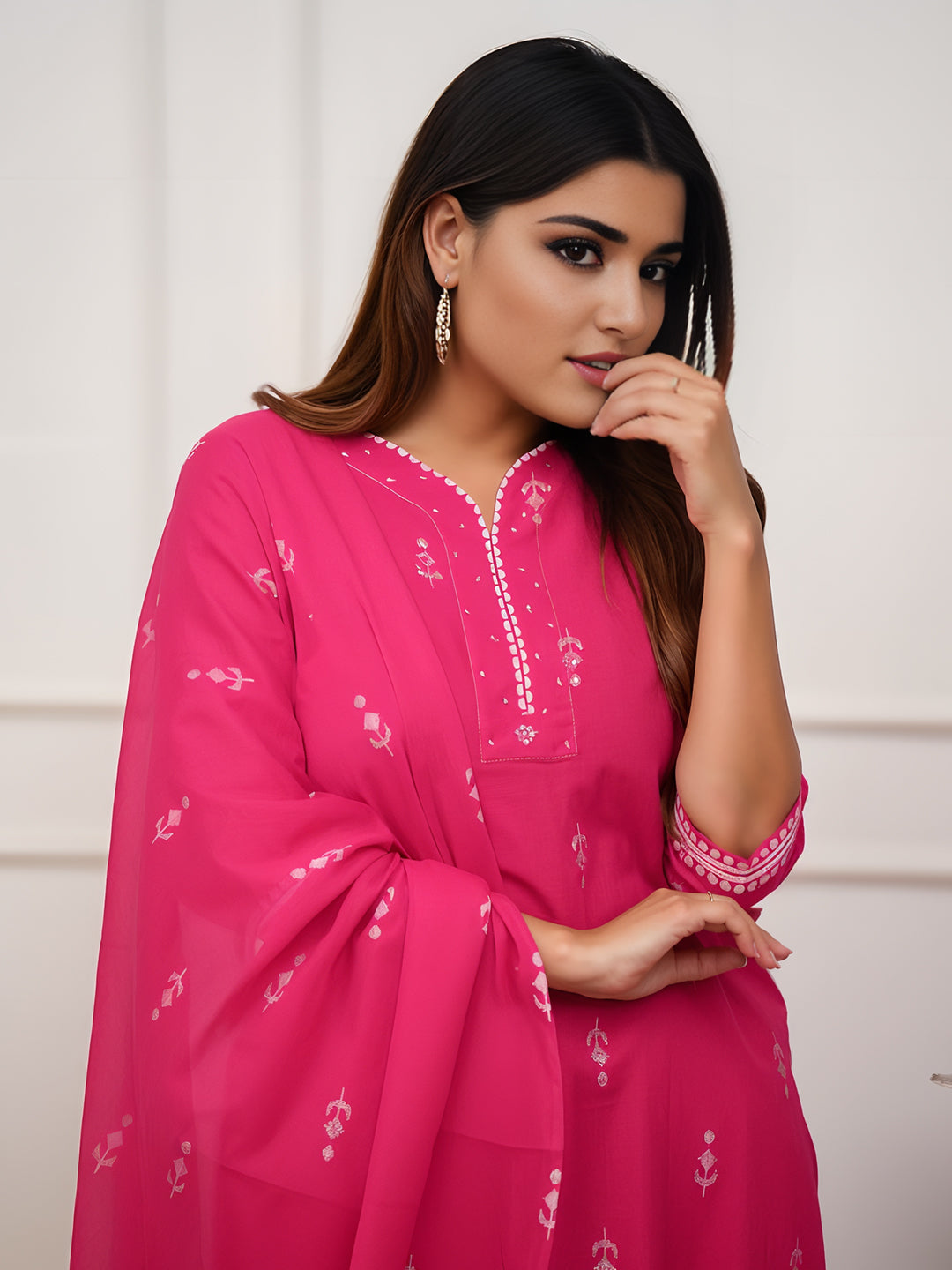 Pink Colour Pure Cotton printed Kurta With Bottom & Dupatta Set