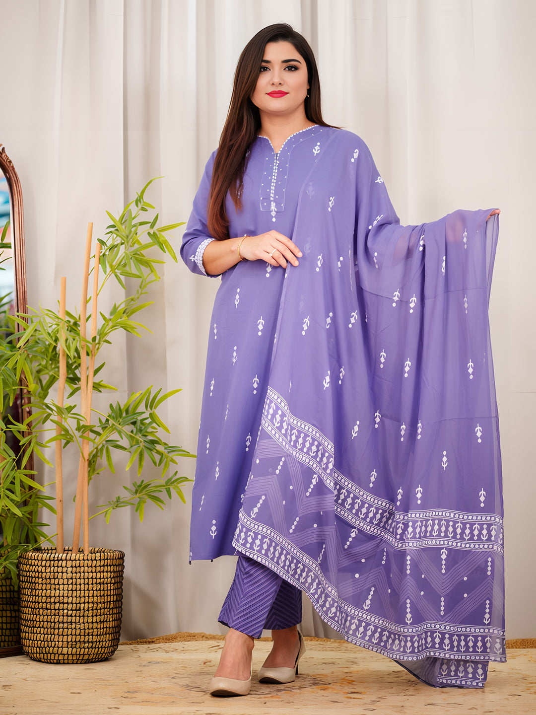 Purple Colour Pure Cotton printed Kurta With Bottom & Dupatta Set