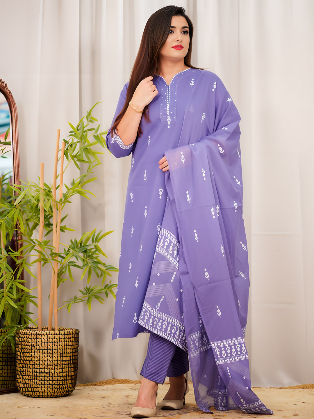 Purple Colour Pure Cotton printed Kurta With Bottom & Dupatta Set