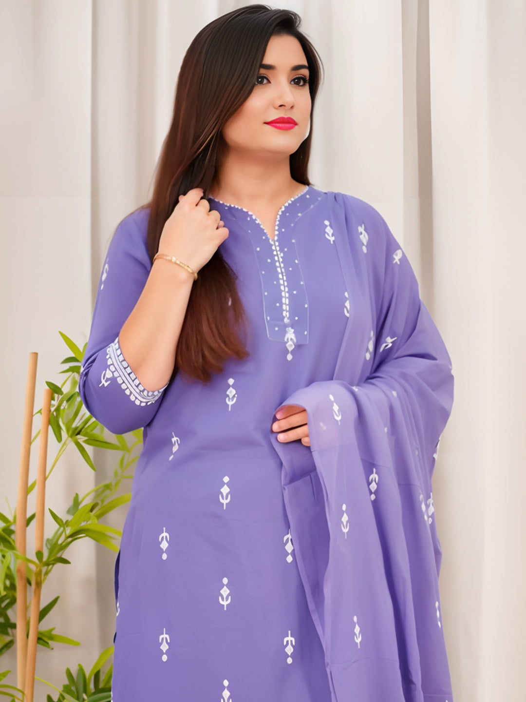 Purple Colour Pure Cotton printed Kurta With Bottom & Dupatta Set