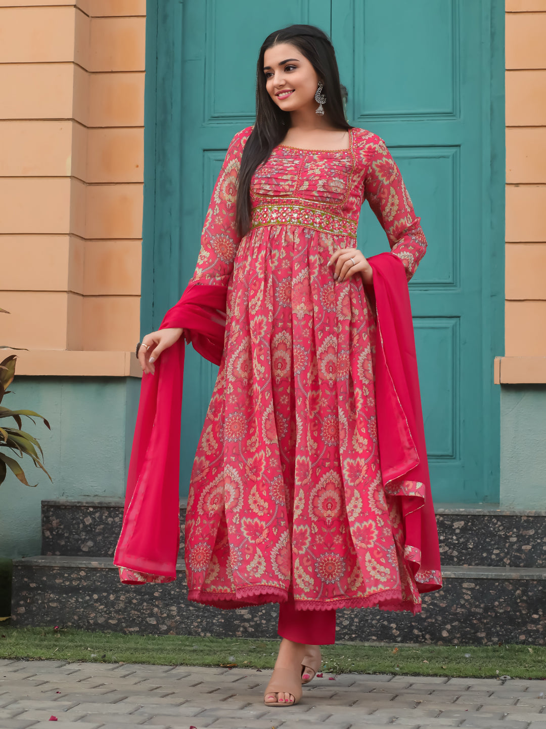 Georgette Ethnic Motifs Printed Kurta With Bottom & Dupatta Set