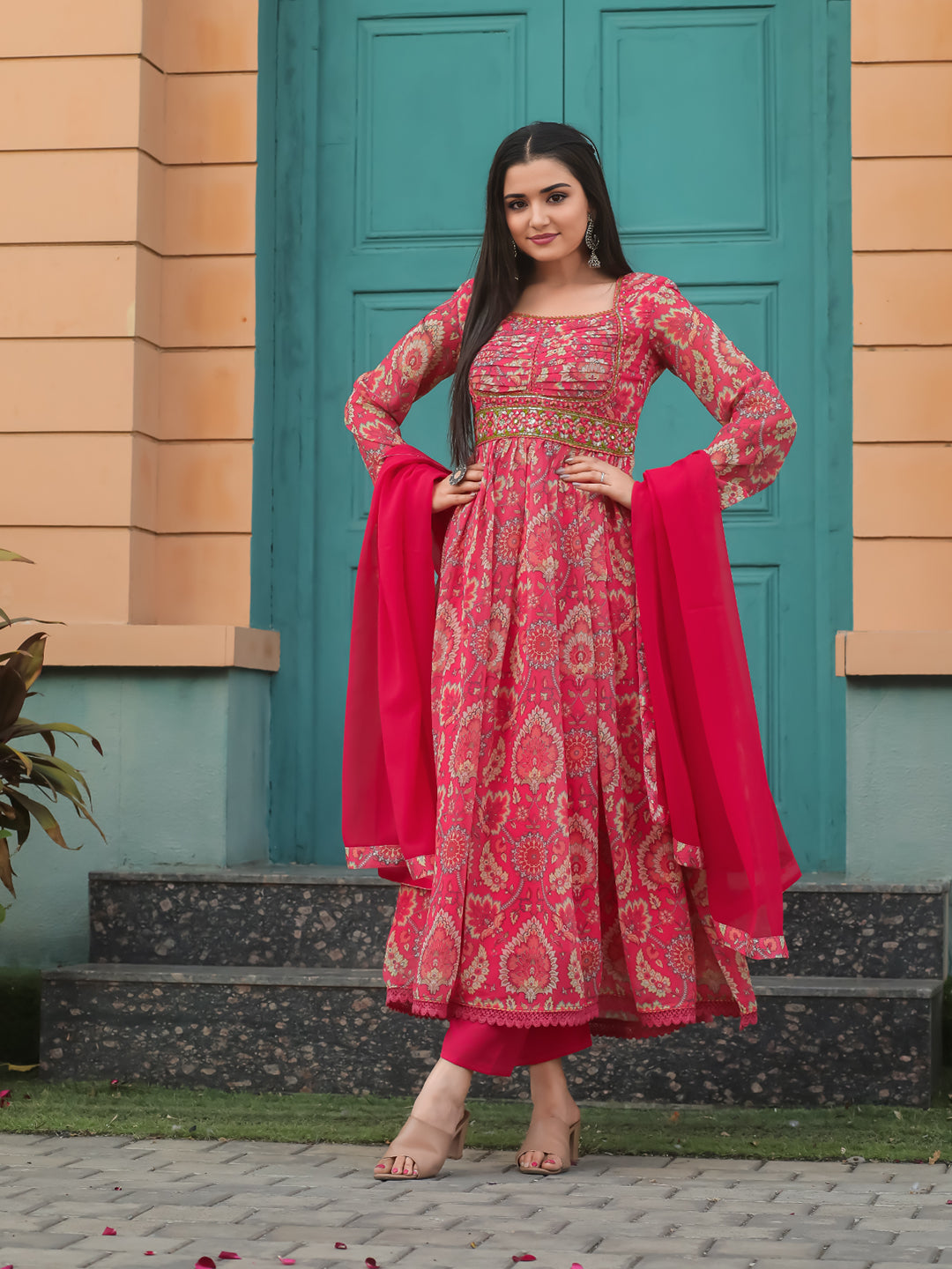 Georgette Ethnic Motifs Printed Kurta With Bottom & Dupatta Set