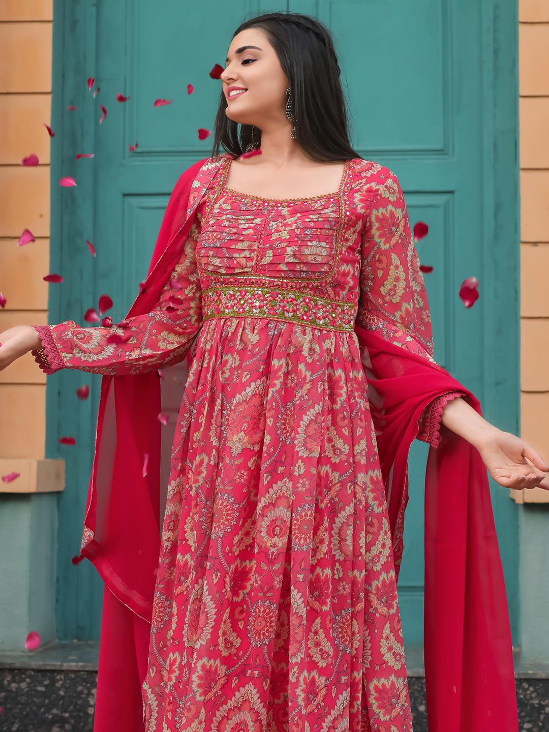 Georgette Ethnic Motifs Printed Kurta With Bottom & Dupatta Set