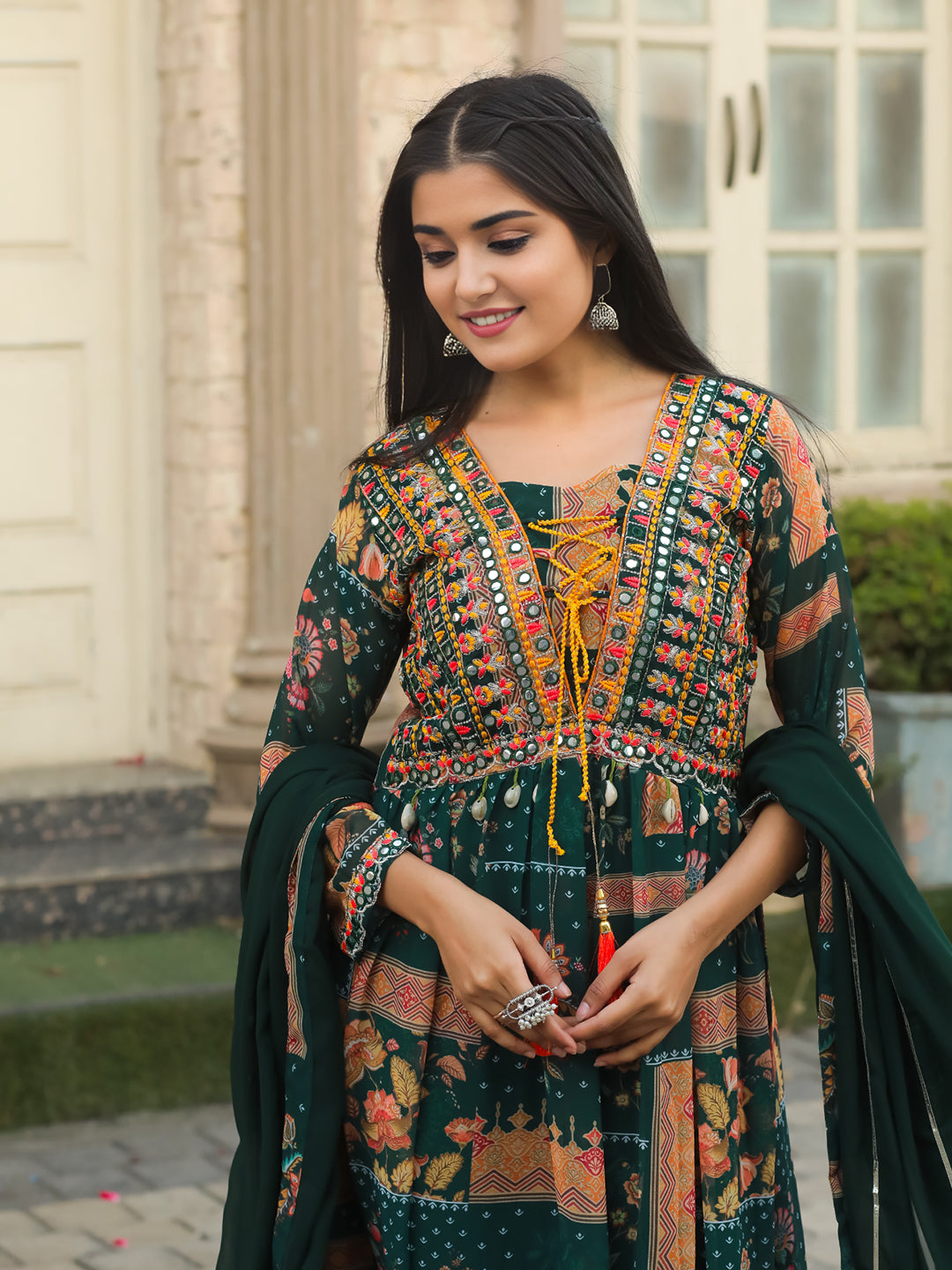 Green Color Georgette Embellished Kurta With Bottom & Dupatta Set