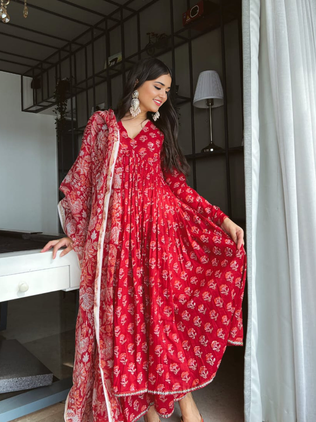 Pure Cotton Floral Printed Kurta With Bottom & Dupatta Set