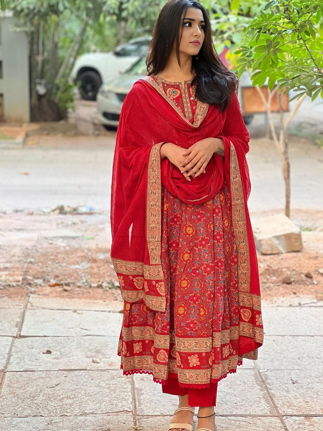 Red Colour Pure Cotton Kurta WIth Bottom & Dupatta Set