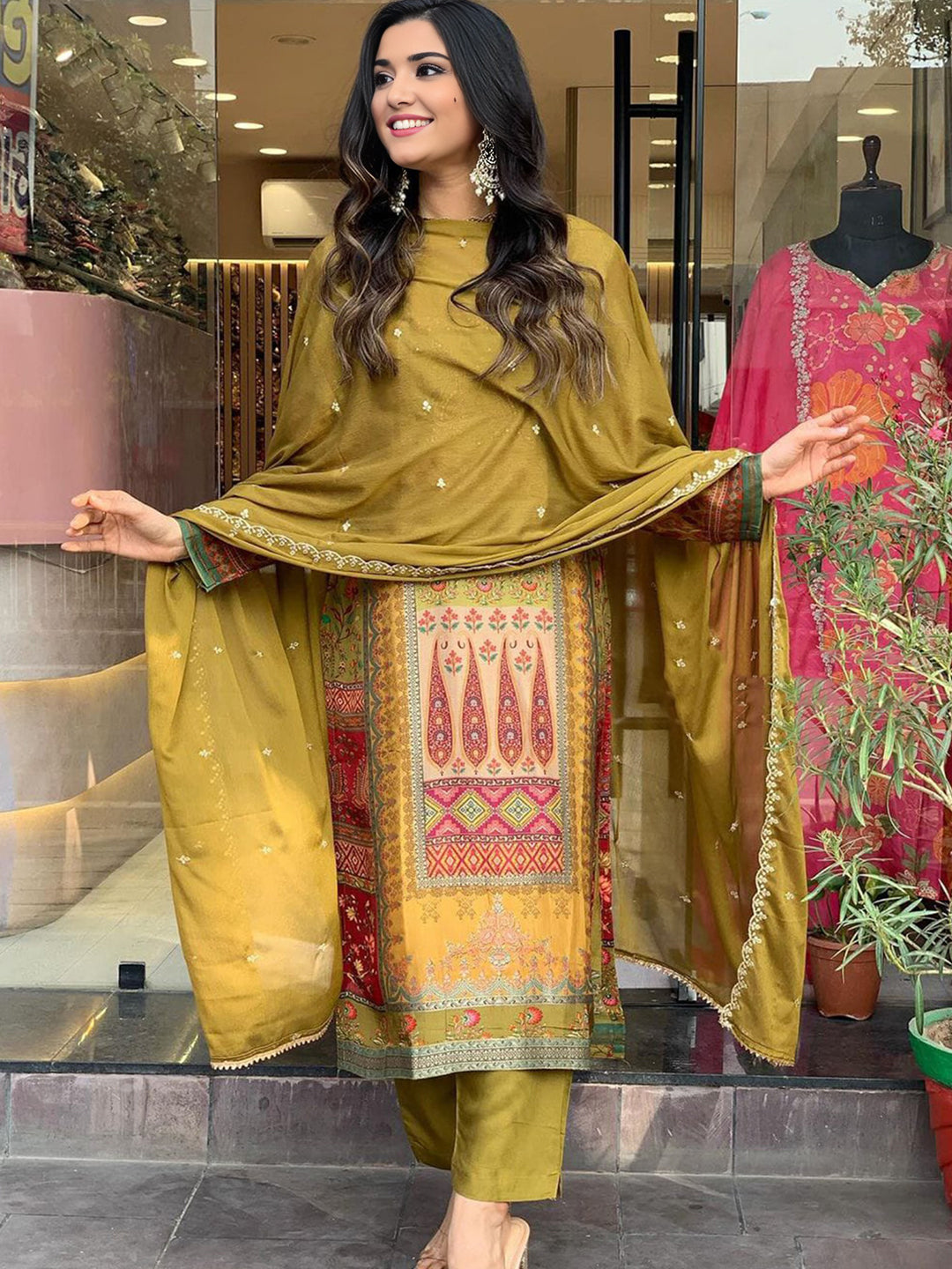 Heavy Silk Ethnic Motifs Printed Kurta With Bottom & Dupatta Set