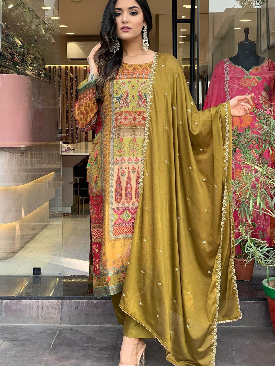 Heavy Silk Ethnic Motifs Printed Kurta With Bottom & Dupatta Set