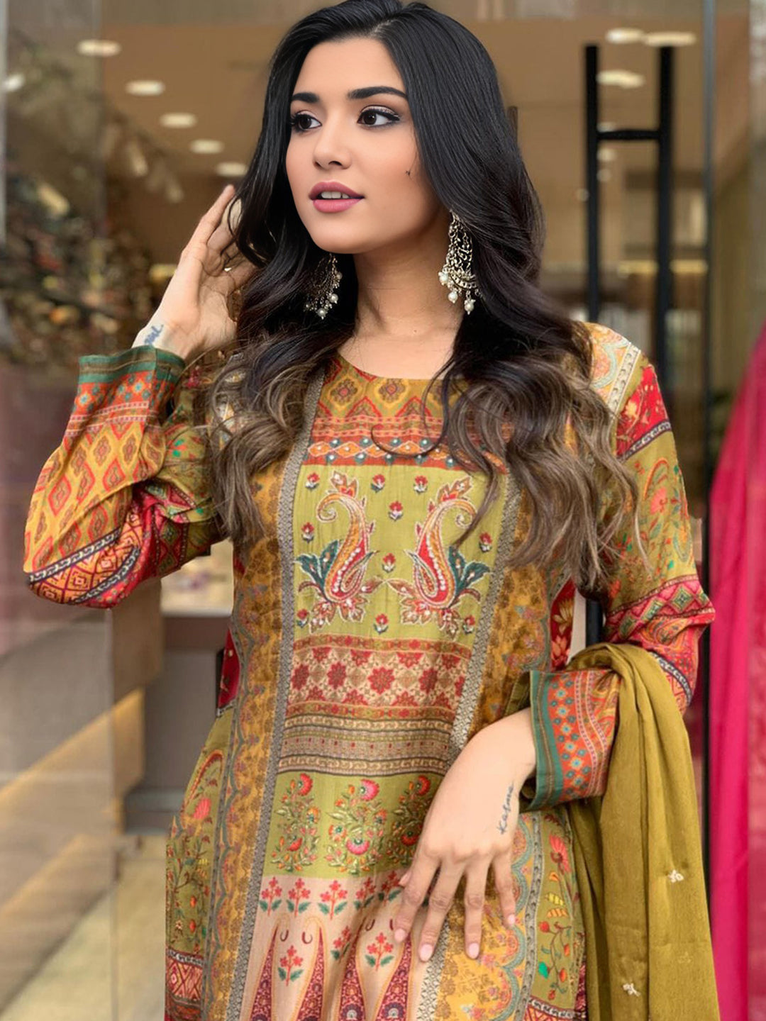 Heavy Silk Ethnic Motifs Printed Kurta With Bottom & Dupatta Set