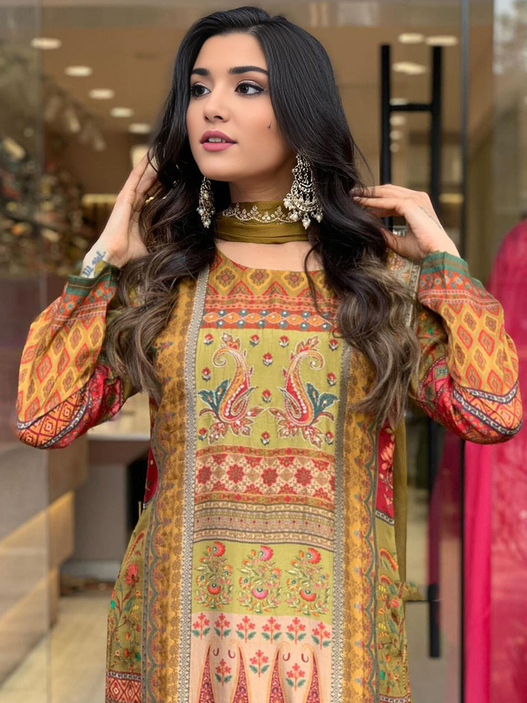 Heavy Silk Ethnic Motifs Printed Kurta With Bottom & Dupatta Set