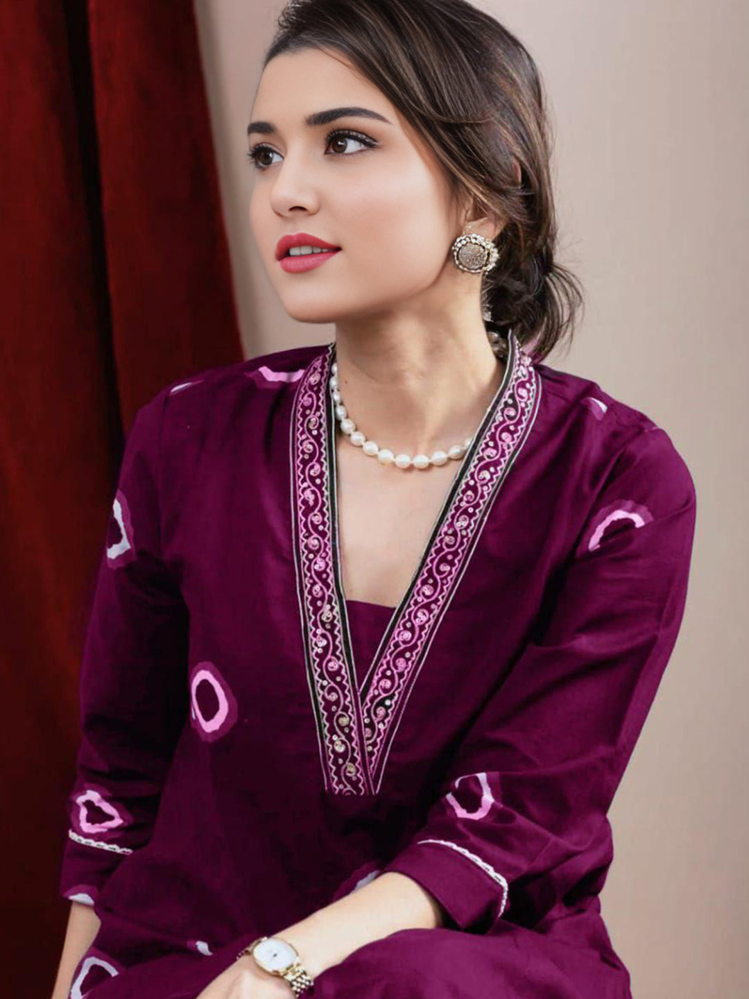 Wine Color Pure Cotton Printed Kurta With Bottom Set