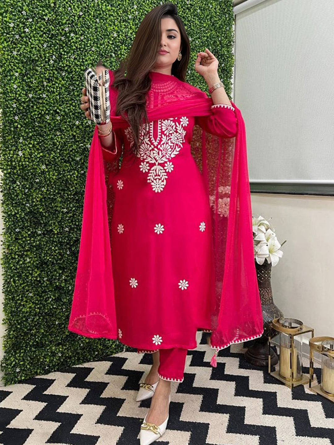 Pure Cotton Floral Embroidered Kurta With bottom & Dupatta Set