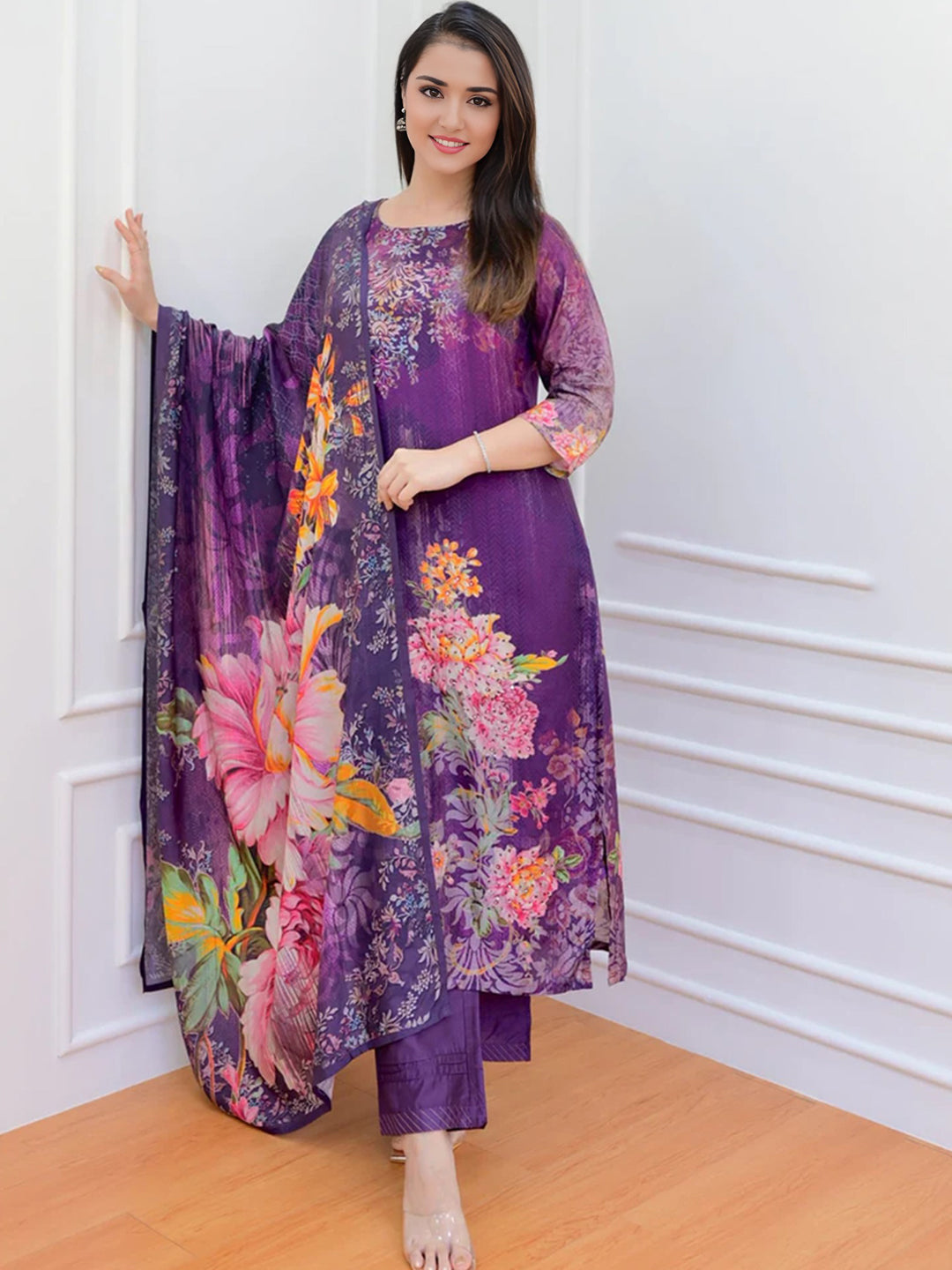 Purple Color Floral Printed Kurta With Bottom & Dupatta Set