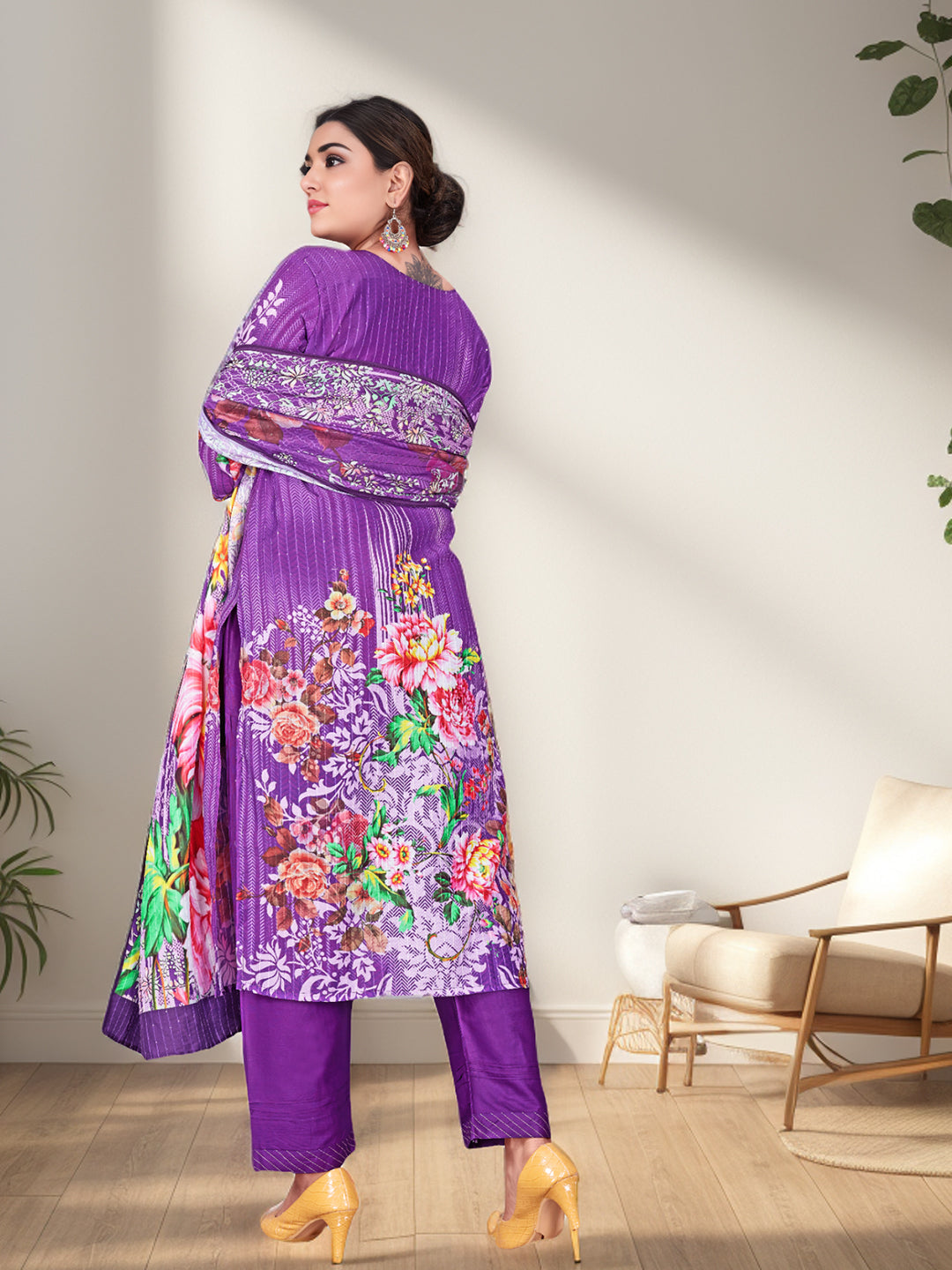 Purple Color Floral Printed Kurta With Bottom & Dupatta Set