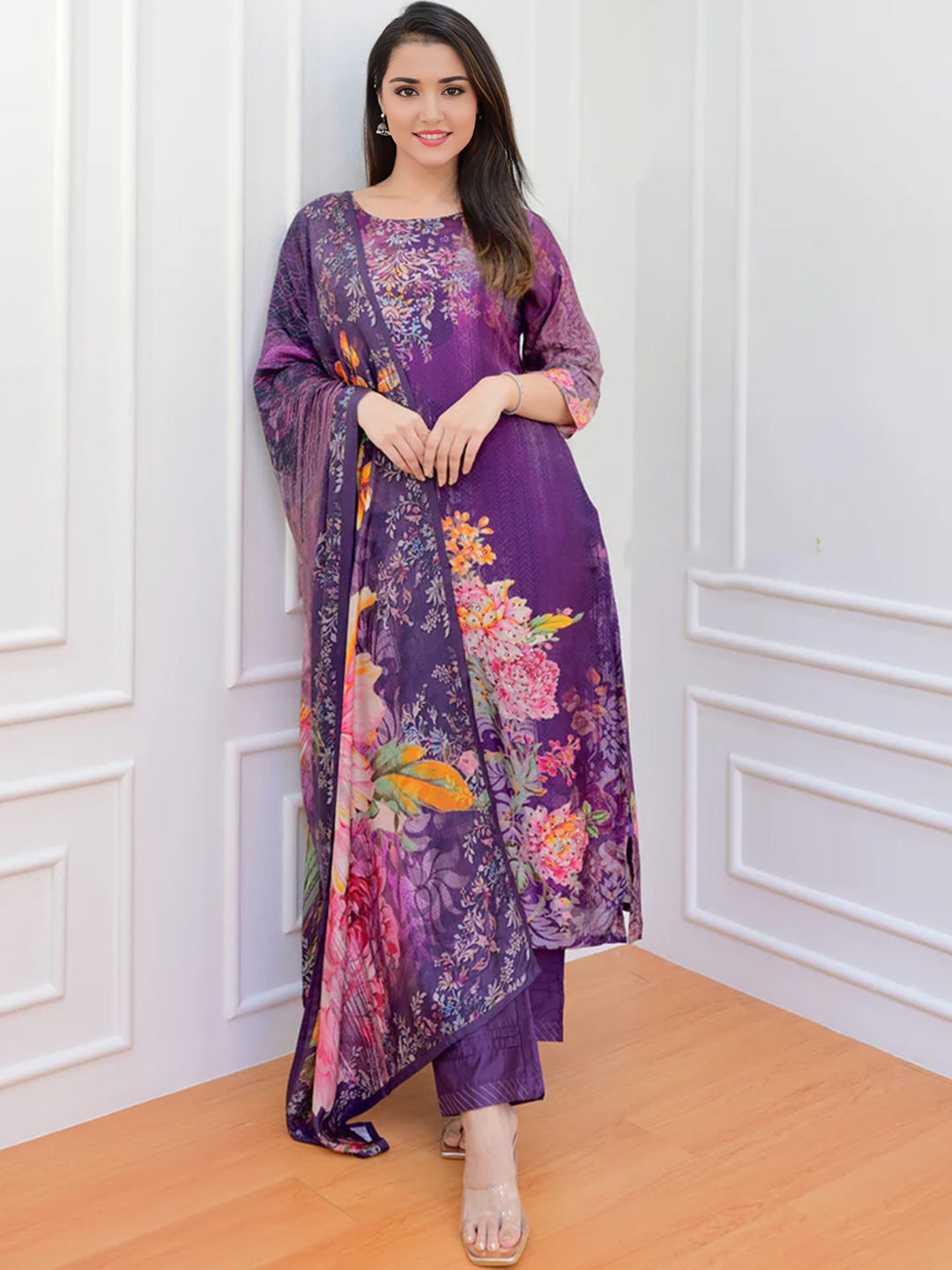 Purple Color Floral Printed Kurta With Bottom & Dupatta Set