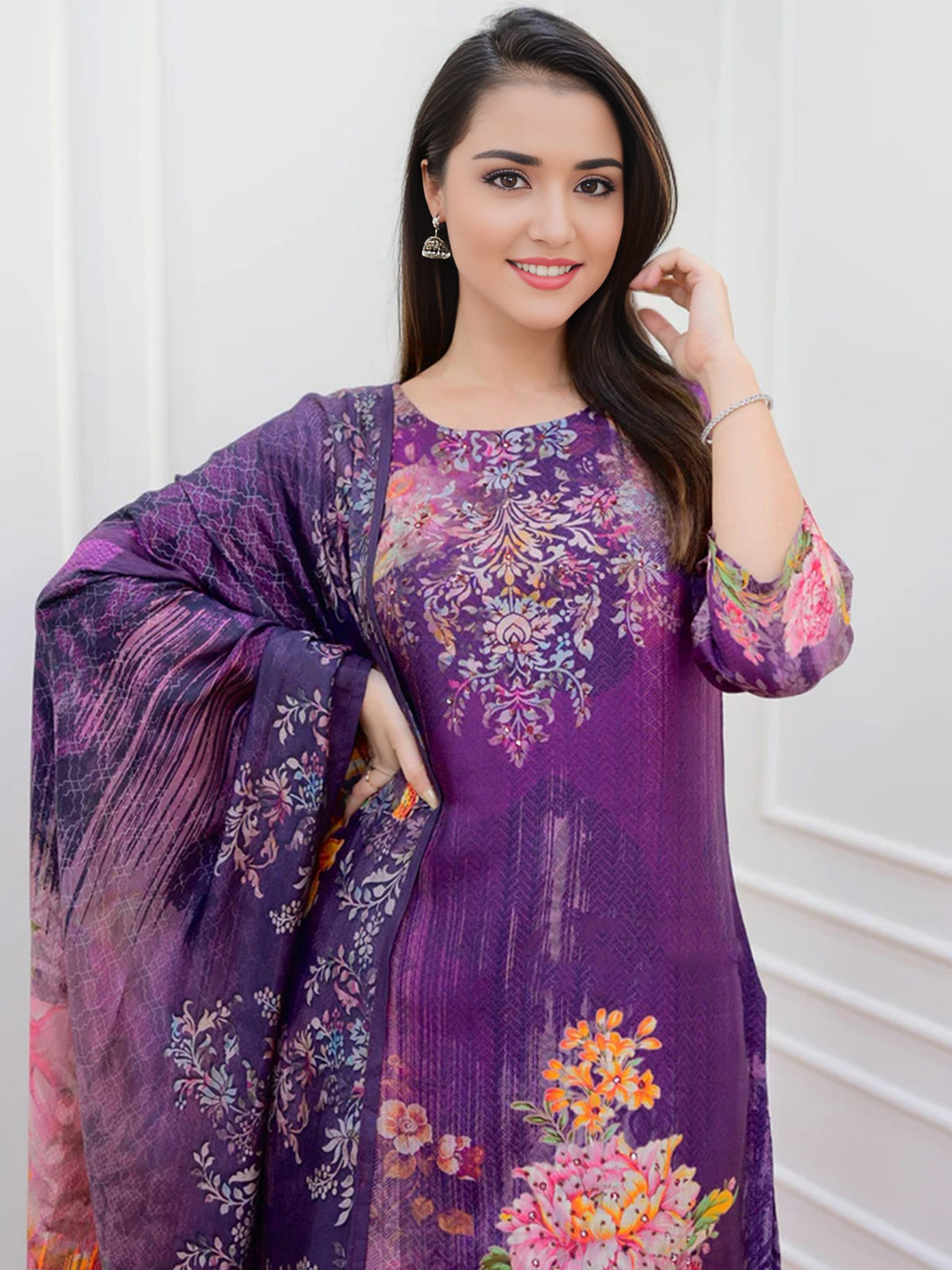 Purple Color Floral Printed Kurta With Bottom & Dupatta Set