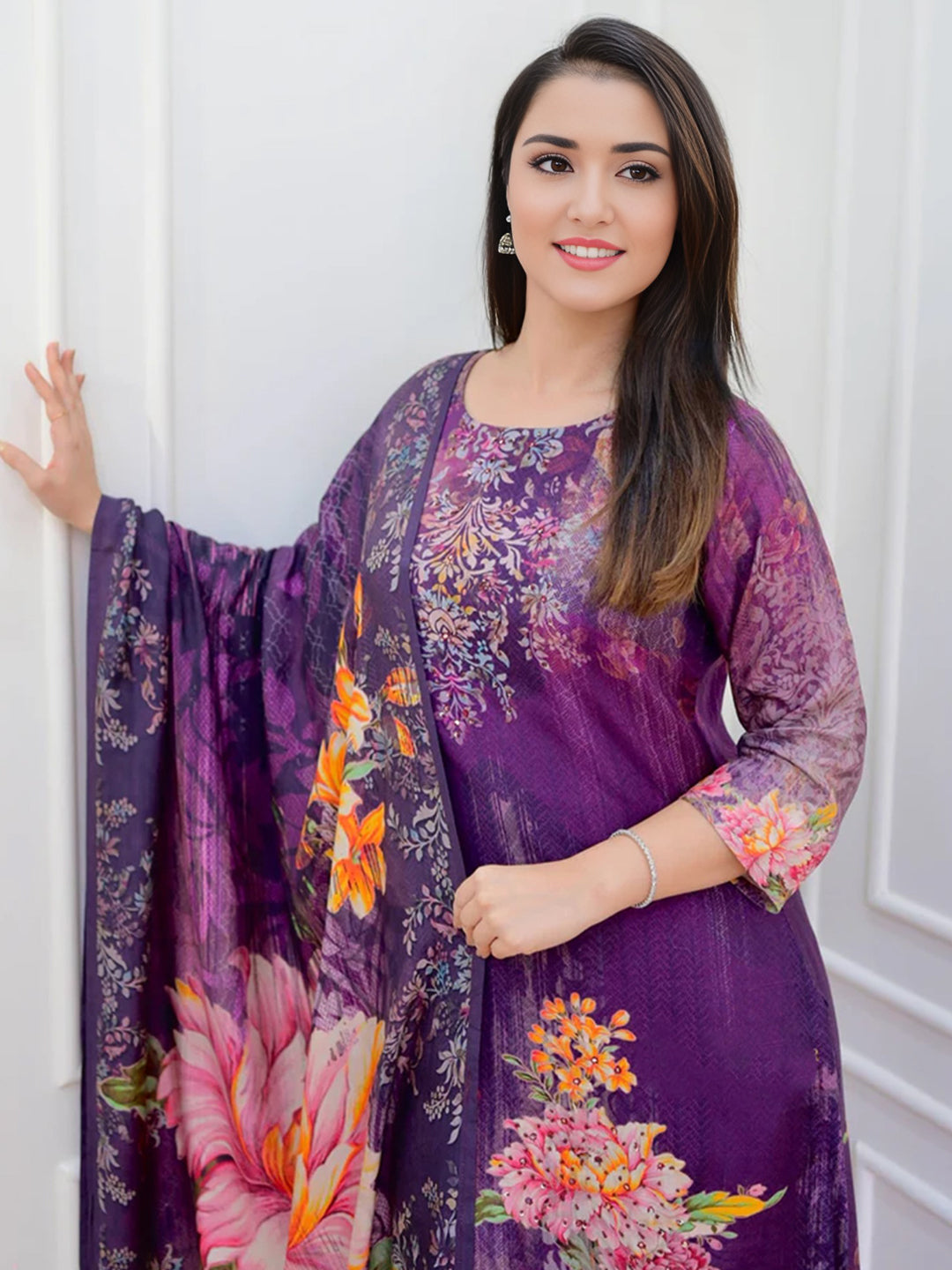 Purple Color Floral Printed Kurta With Bottom & Dupatta Set