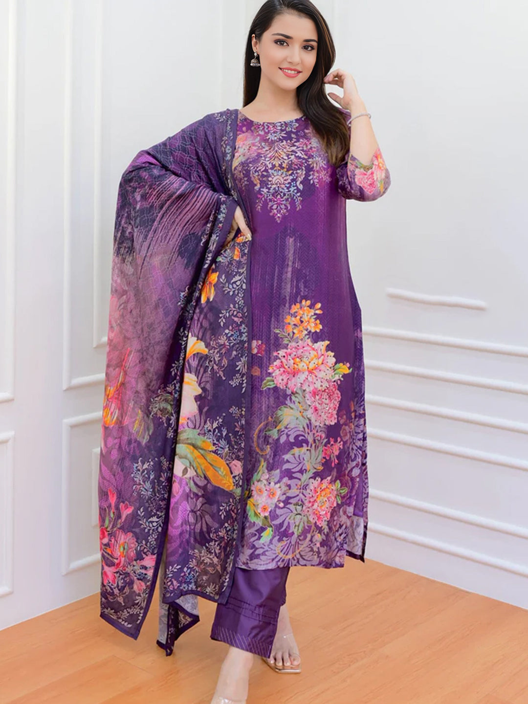 Purple Color Floral Printed Kurta With Bottom & Dupatta Set