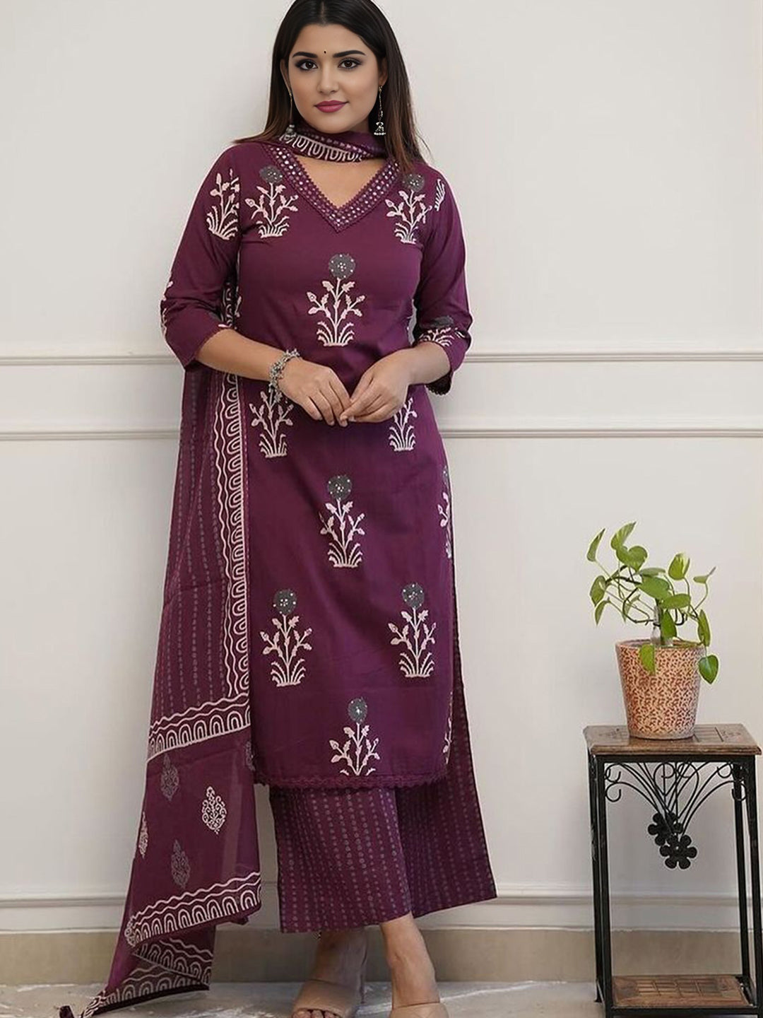 Pure Cotton Floral Printed V - Neck kurta With Bottom & Dupatta Set