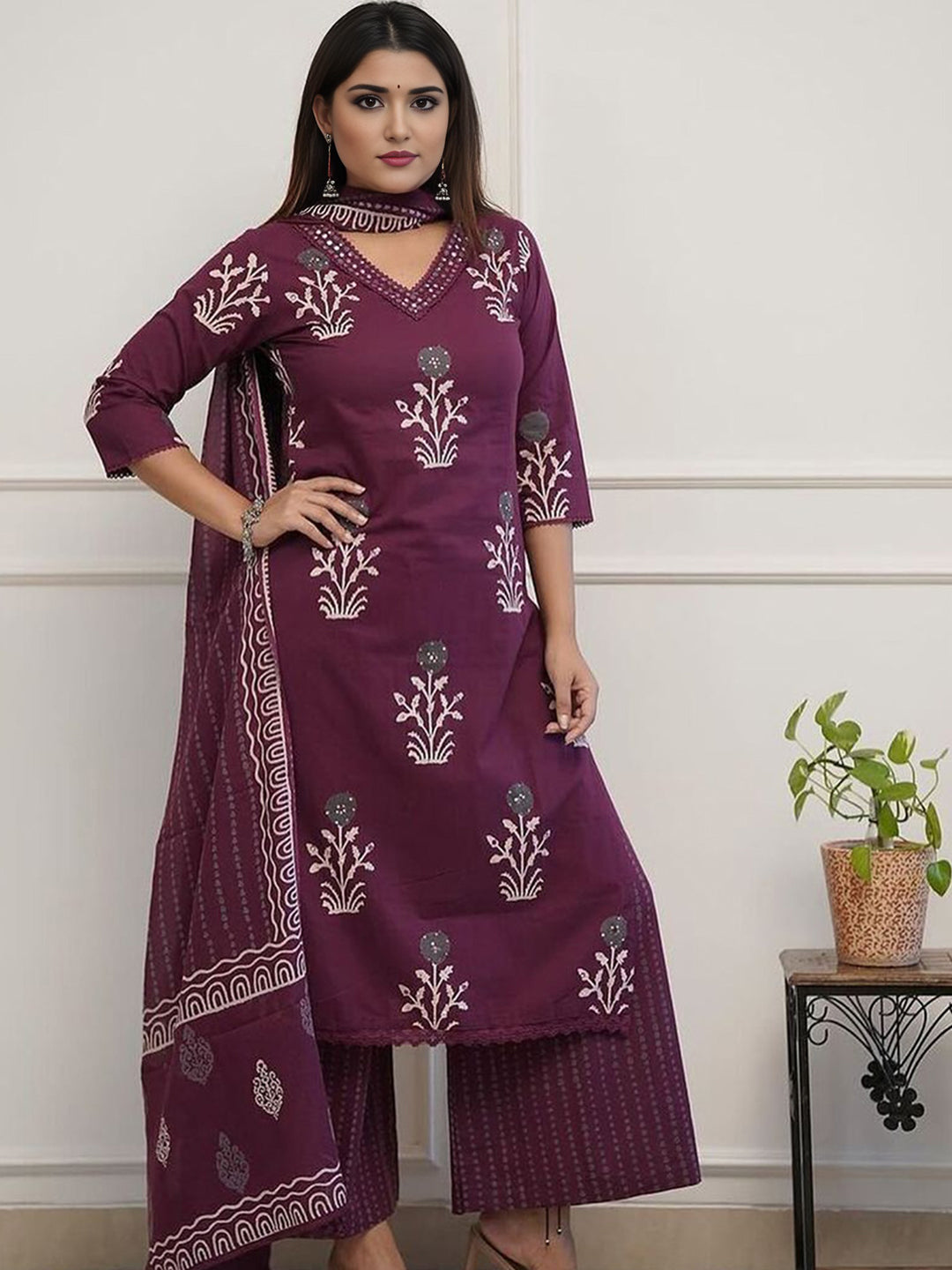 Pure Cotton Floral Printed V - Neck kurta With Bottom & Dupatta Set