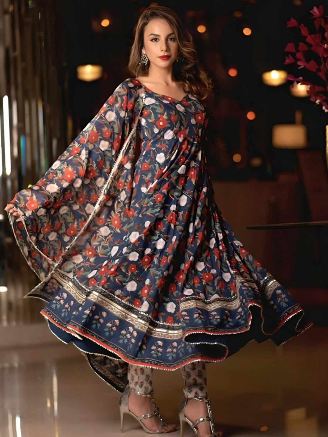 Navy Blue Floral Printed Kurta With Bottom & Dupatta Set