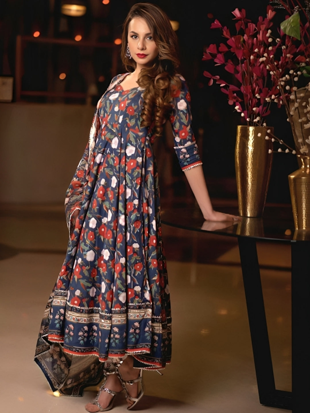 Navy Blue Floral Printed Kurta With Bottom & Dupatta Set