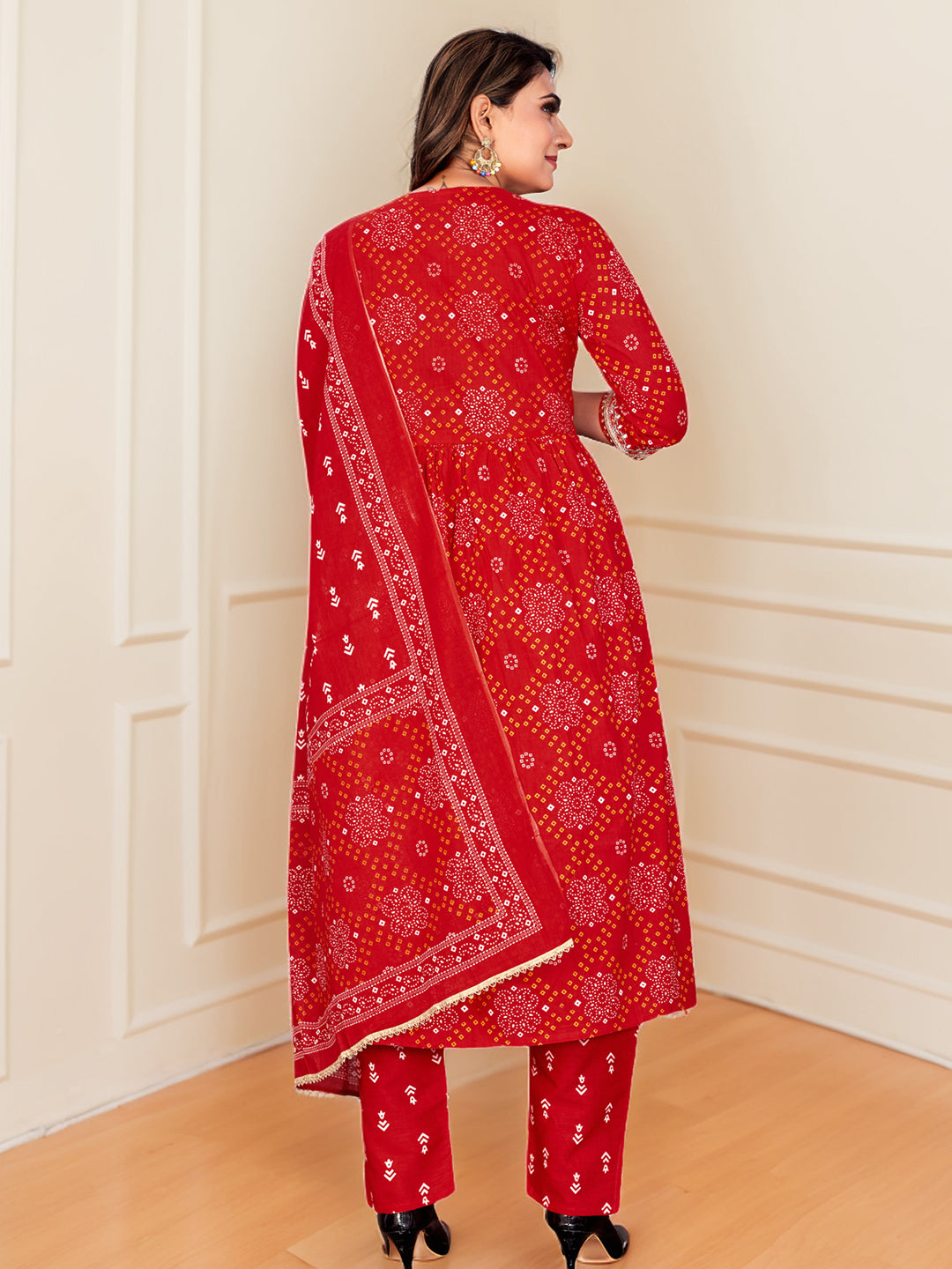 Embellished Red Color Kurta With Bottom & Dupatta Set