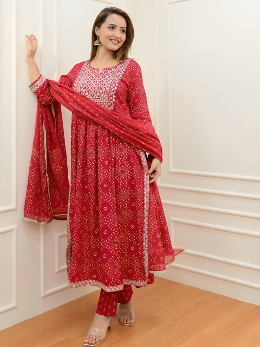 Embellished Red Color Kurta With Bottom & Dupatta Set