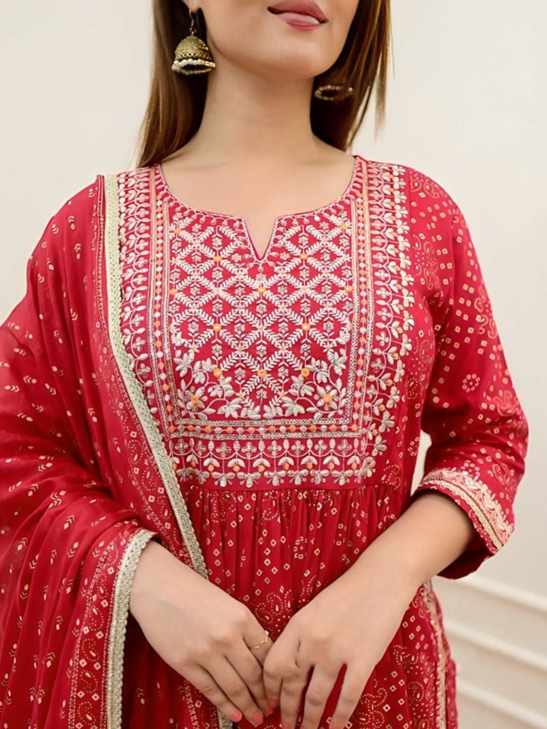 Embellished Red Color Kurta With Bottom & Dupatta Set