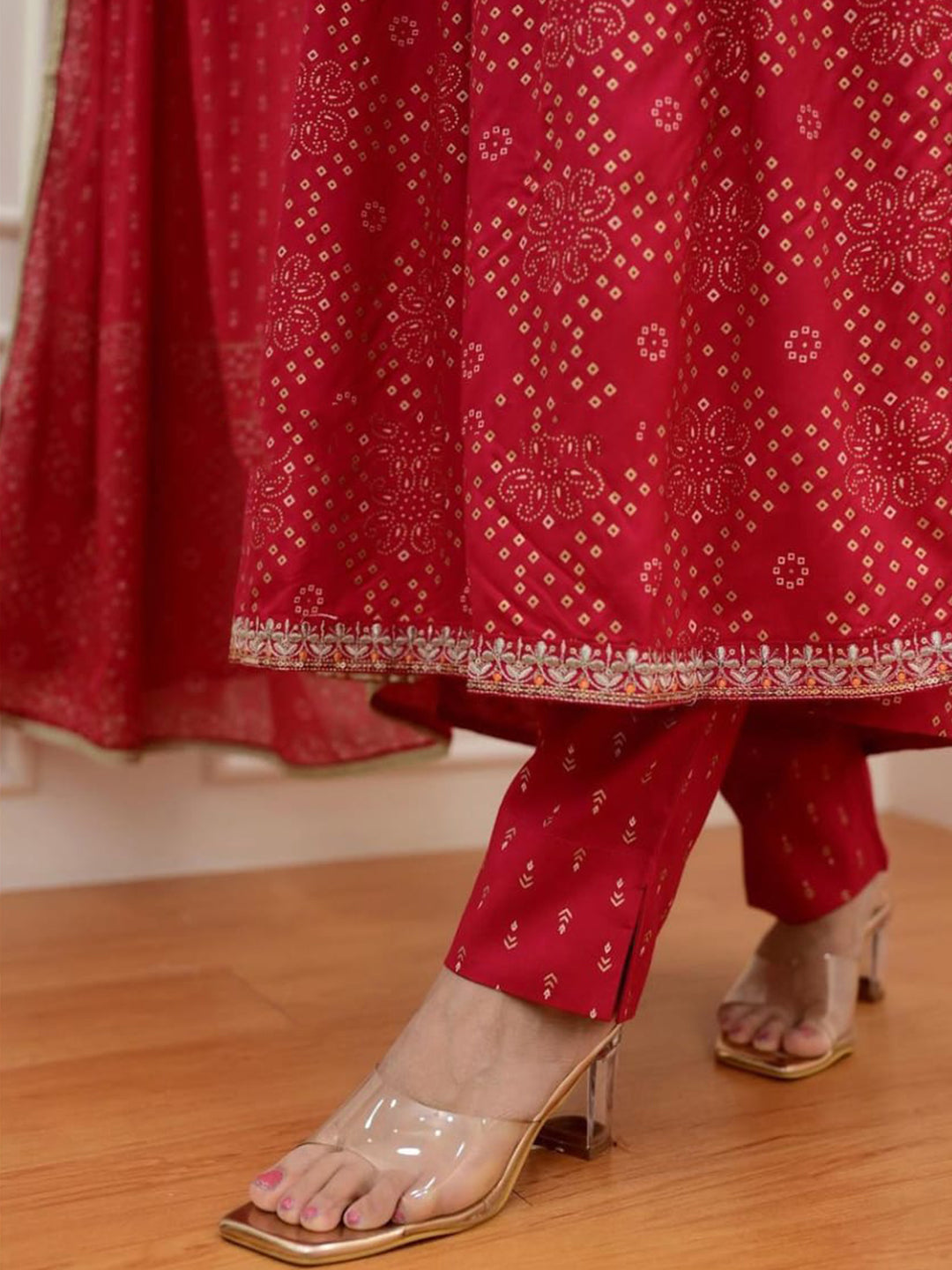 Embellished Red Color Kurta With Bottom & Dupatta Set