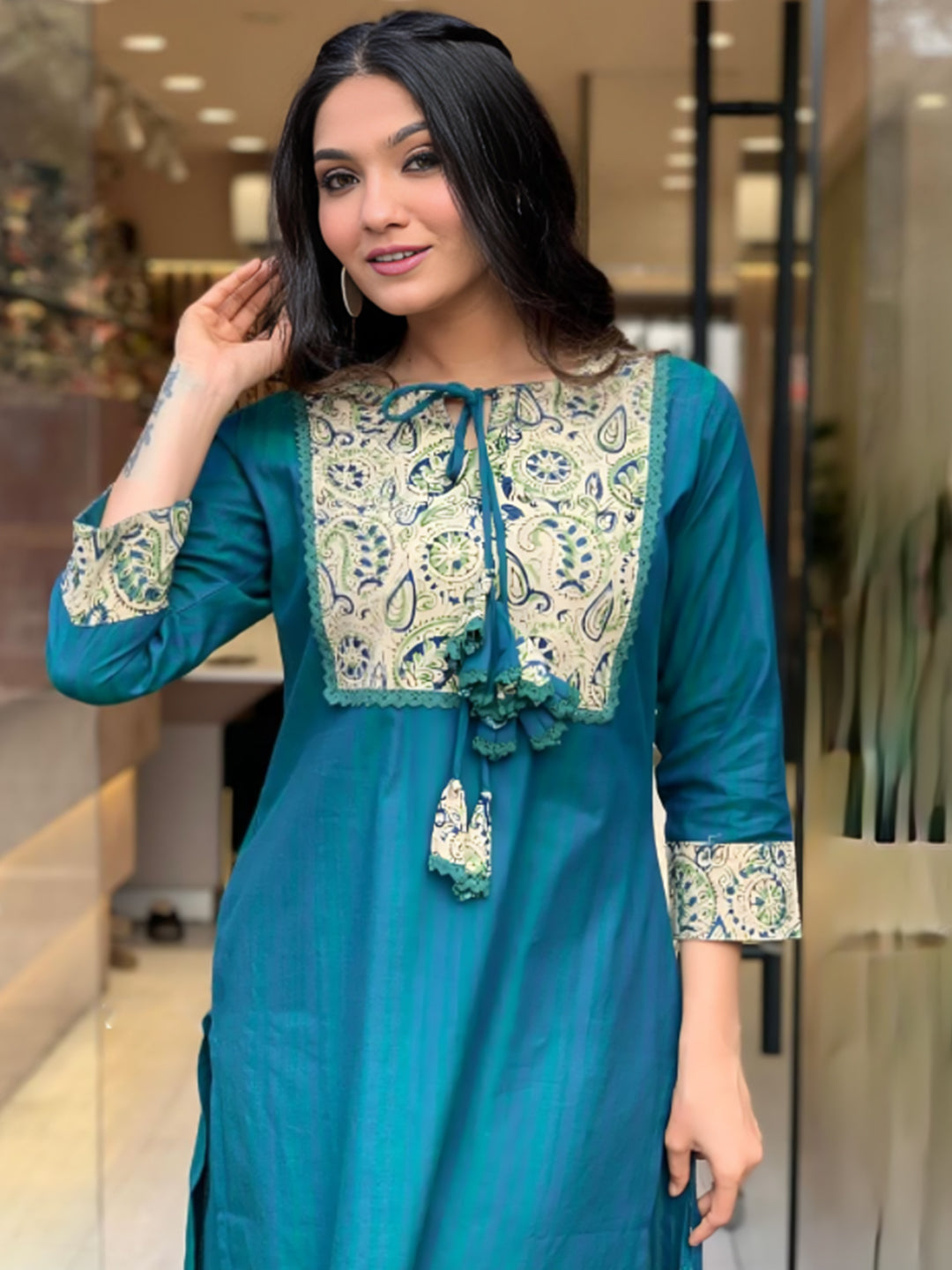 Pure Cotton Embroidered Neck Kurta With Bottom Set