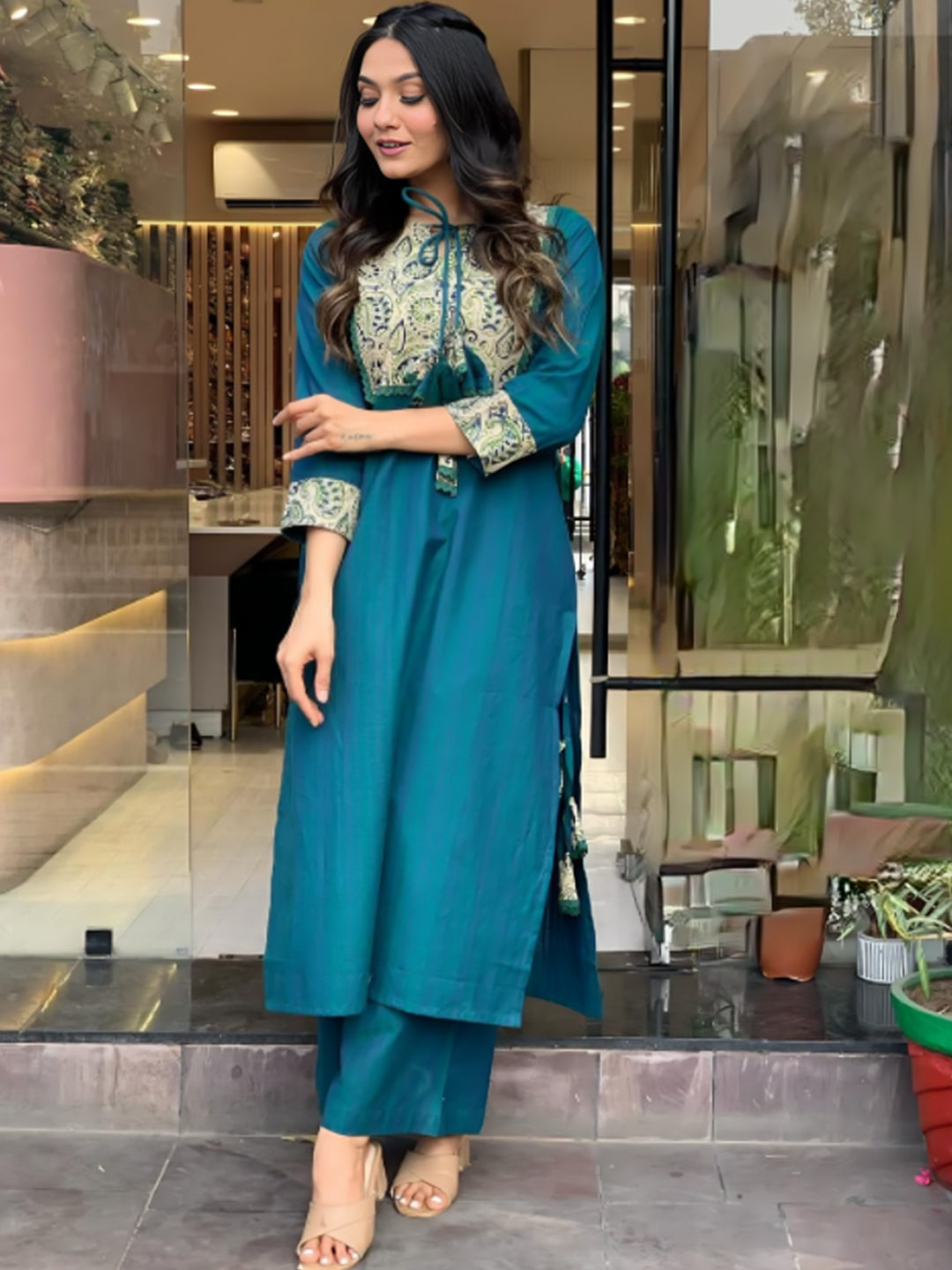 Pure Cotton Embroidered Neck Kurta With Bottom Set