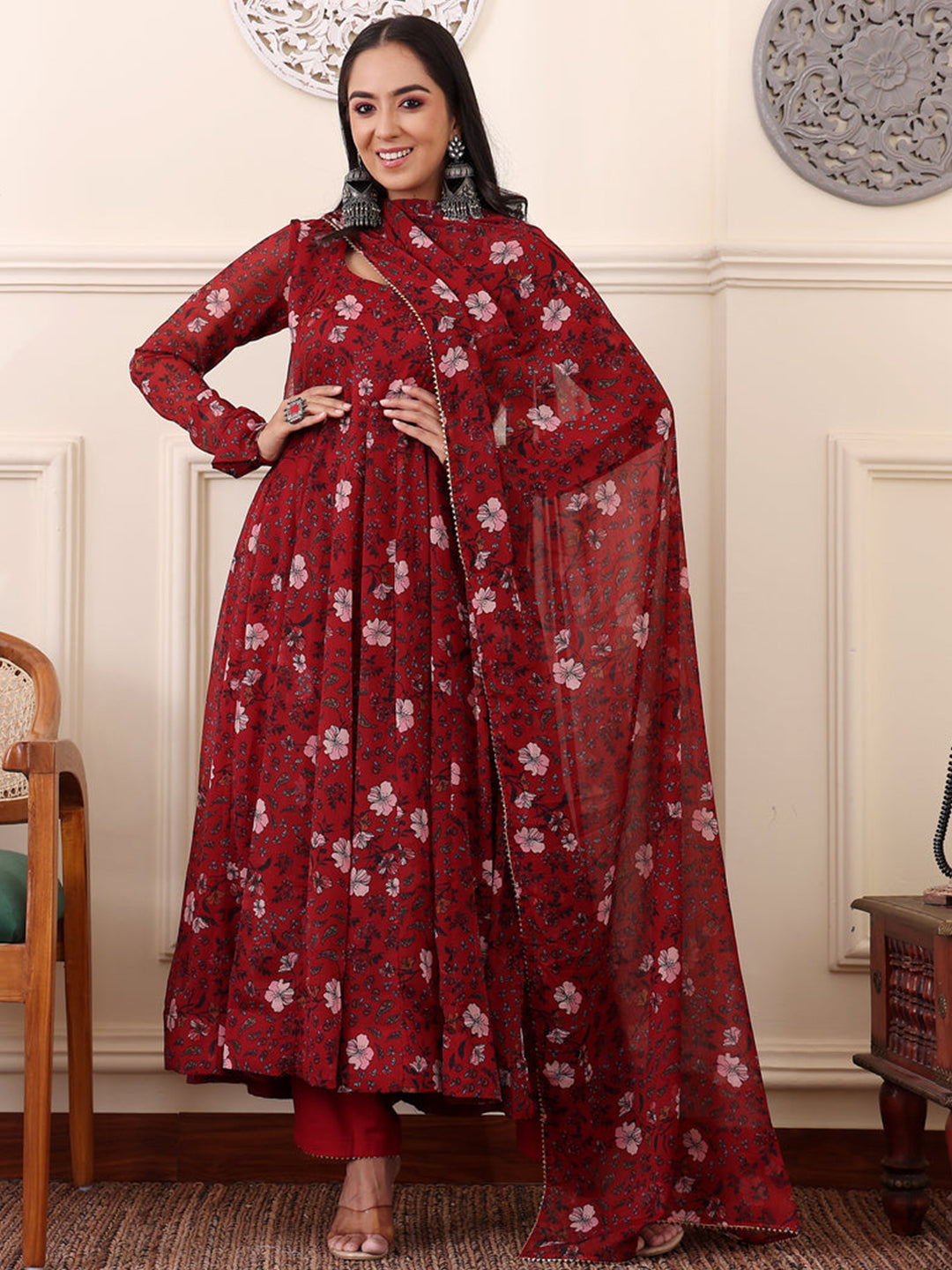 Georgette Round Neck Full Sleeve Kurta With Bottom & Dupatta Set