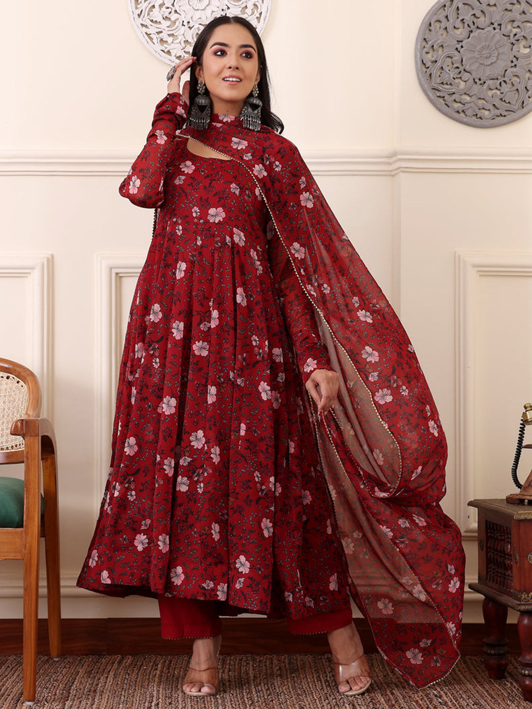 Georgette Round Neck Full Sleeve Kurta With Bottom & Dupatta Set