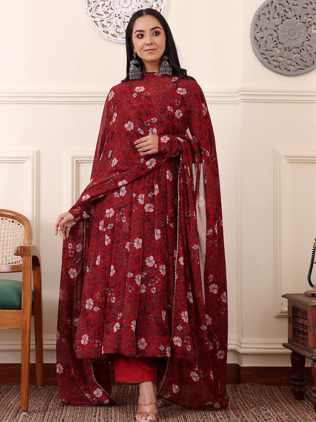 Georgette Round Neck Full Sleeve Kurta With Bottom & Dupatta Set