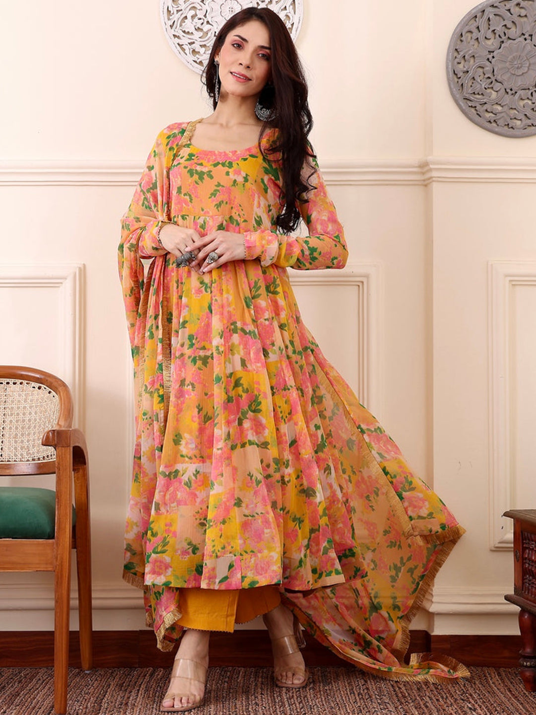 Floral Printed Flared Kurta With Bottom & Dupatta Set