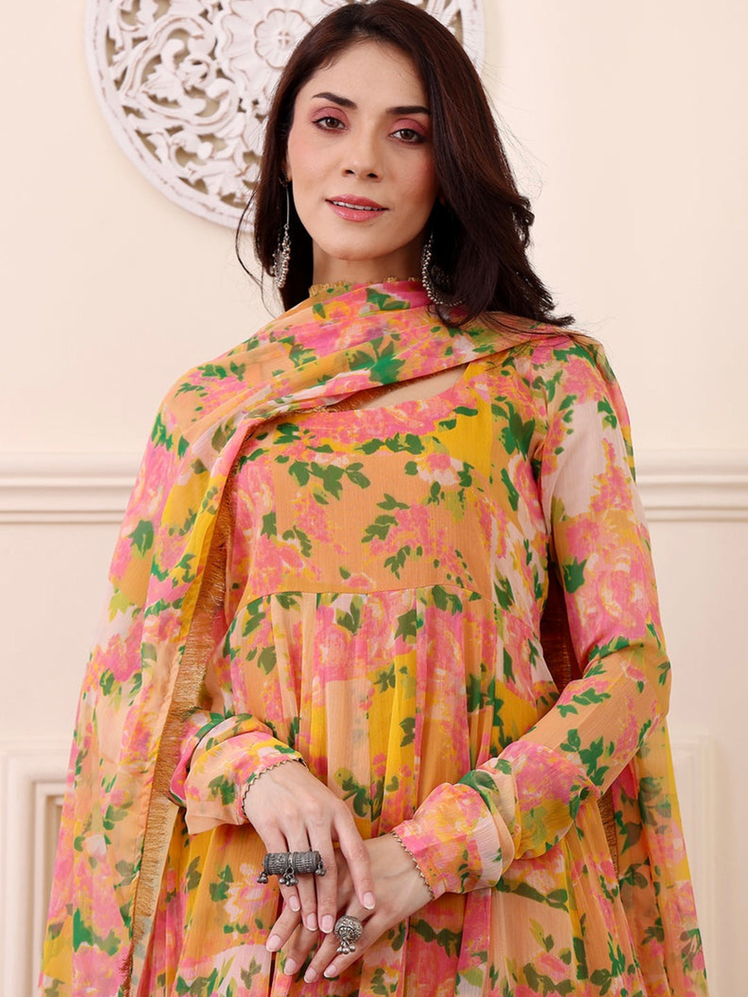 Floral Printed Flared Kurta With Bottom & Dupatta Set