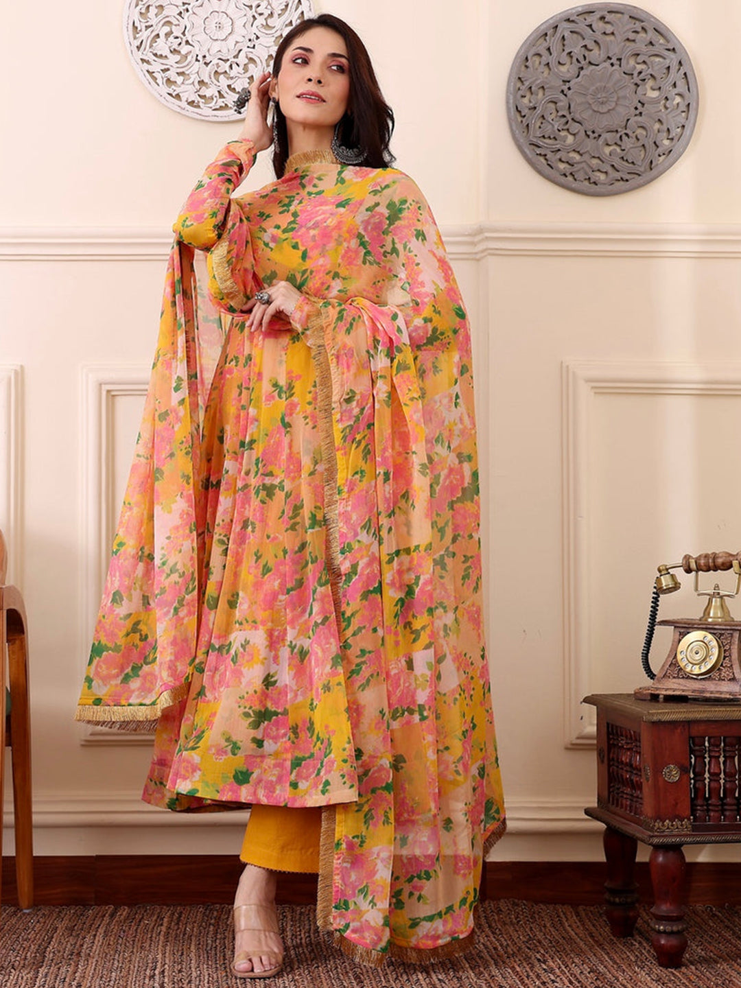 Floral Printed Flared Kurta With Bottom & Dupatta Set