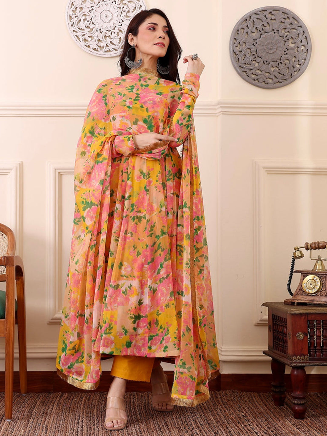 Floral Printed Flared Kurta With Bottom & Dupatta Set