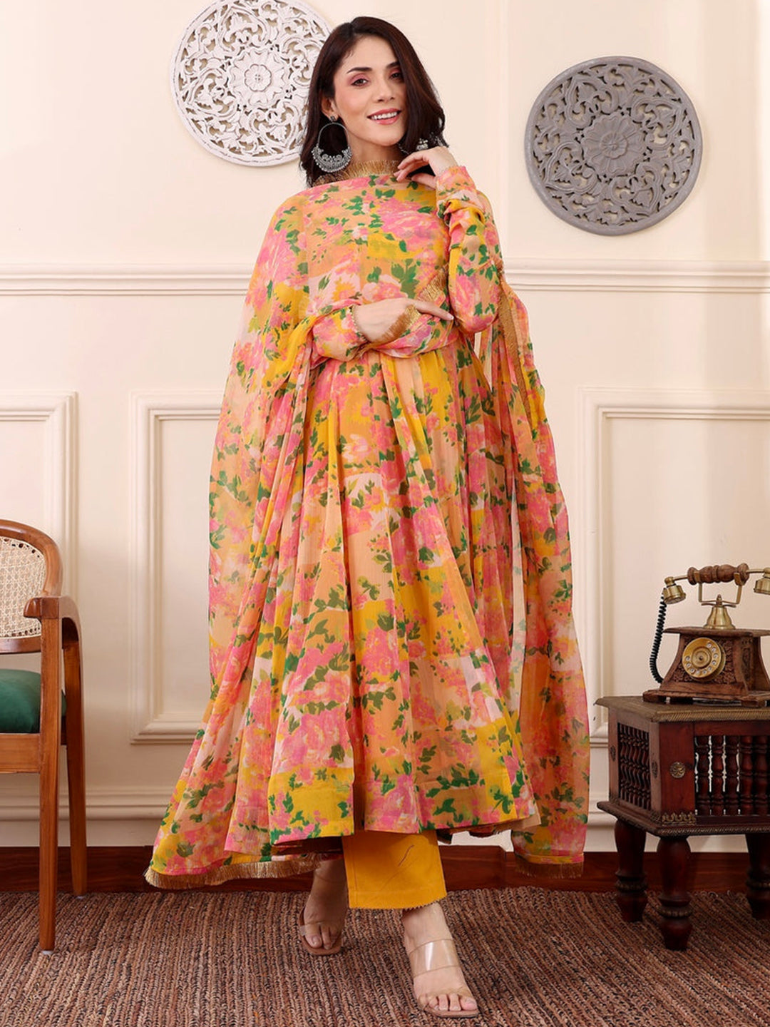 Floral Printed Flared Kurta With Bottom & Dupatta Set