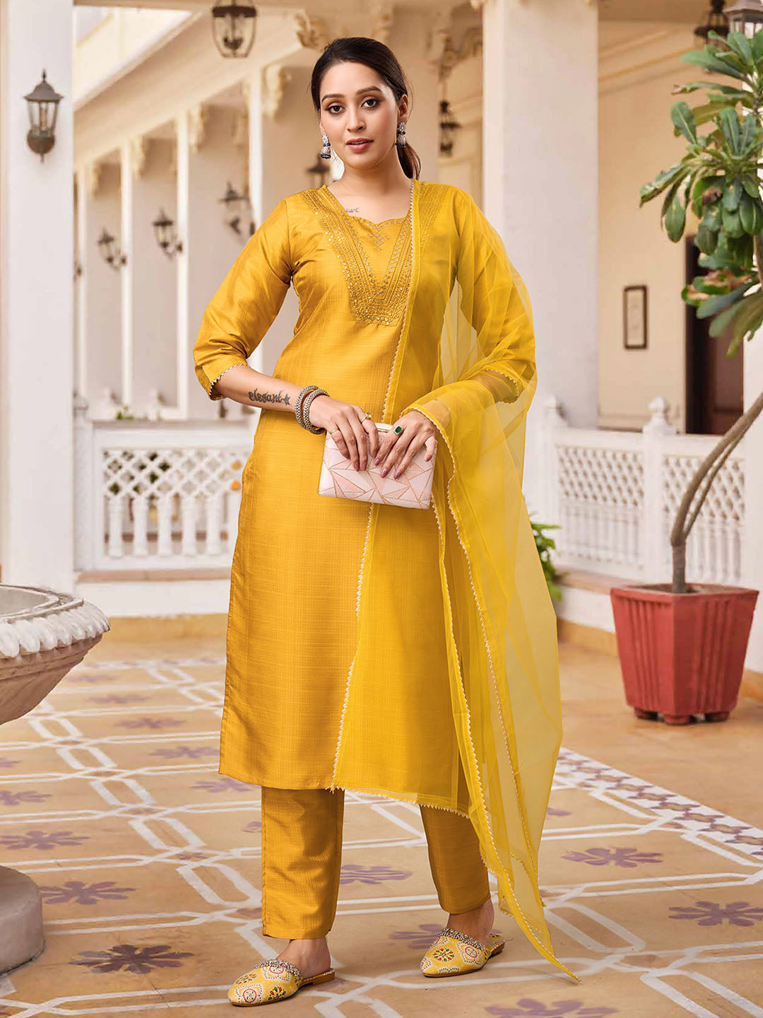 Mustard Colour Polyester Silk Kurta With Bottom & Net Dupatta Set